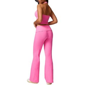 Yknktstc Womens 2 Piece Workout Sets Foldover Flare Pants Padded Halter Crop Tank Top Casual Outfits Tracksuit