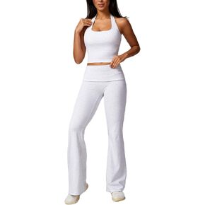 Yknktstc Womens 2 Piece Workout Sets Foldover Flare Pants Padded Halter Crop Tank Top Casual Outfits Tracksuit