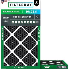 Filterbuy 16x25x1 Air Filter MERV 8 Odor Eliminator (2-Pack), Pleated HVAC AC Furnace Air Filters Replacement with Activated Carbon (Actual Size: 15.50 x 24.50 x 0.75 Inches)