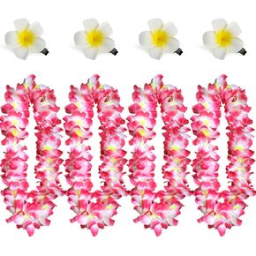 4Pcs Thicken 41 Inch Hawaiian Leis Dance Garland Artificial Flowers Necklace Headband for Tropical Summer Beach Party Favor, DIY Luau Decor, Photo Prop Outdoors（4 Colors）
