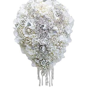 White Hydrangea Drop Brooch Bouquet Silver Wedding Bouquets Crystal Teardrop Bridal Bouquet Pearl Tassels Decor
