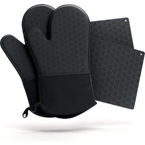 Cosy House Collection 4-Piece Oven Mitt & Pot Holder Set - 500°F Heat Resistant Trivet Cooking Gloves - Flexible, Durable & Comfortable Long-Lasting Silicone - Cooking, Baking & Grilling (Black)