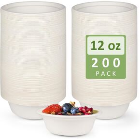 Paper Bowls, 200 Pack 12 oz Paper Bowls, Disposable Bowls Paper Bowls 12 oz Paper Bowls Heavy Duty for Hot Soup, Made of Natural Bagasse, Eco-Friendly Disposable Bowls for Cereals Milk Salad Dessert