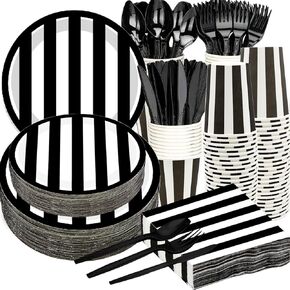 175Pcs Black and White Striped Party Supplies,Black White Tableware Set 9"& 7"Black White Striped Paper Plates Napkins Cups Knives Forks Spoons for Black White Birthday Party Decorations |Serve25