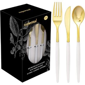 Supernal 102pcs Gold Plastic Cutlery, Durable Plastic silverware,Disposable Cutlerty with White Handle,Include 34 Forks,34 Knvies,34 Spoons, Suit for Wedding,Birthday,Party