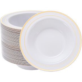 N9R 30 Pack Disposable Soup Bowls with Gold Relief, 12 Oz Fancy Plastic Soup Bowls for Holidays, Parties, Weddings, Catering and Everyday Use