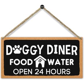 Rustic Hanging Wood Sign For Puppy Home, Doggy Dinner Food Water Open 24 Hours, Dog House Decor Wall Hanging Plaque with Rope, Front Door Decor Porch Christmas Wooden Art Gift For Pet Lover -01
