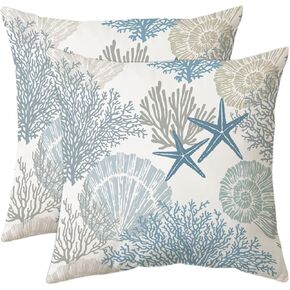 Tritard Nautical Coastal Throw Pillow Covers 12x20 Inches Set of 2 Beach Themed Ocean Seashell Coral Starfish Velvet Couch Lumbar Pillow Cover Outdoor Sofa Cushion Cover for Bedroom Living Room, Blue