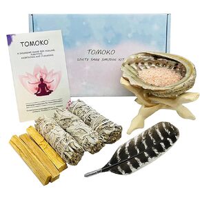 White Sage Smudge Kit - 3 White Sage, 3 Palo Santo, Abalone Shell, Wooden Tripod Stand, Feather, Himalayan Salt & Smudging Guide! Healing, Purifying, Meditating, Incense & Cleansing
