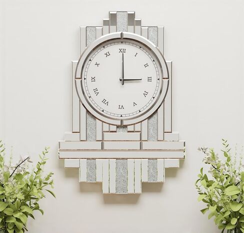 Decorative Mirrored Wall Clock: 25.6 x 17.7 inch Large Mirror Clock Wall-Mounted with Crush Diamond Silver Glass Edge Frame, Home Kitchen Modern Art Decor for Livingroom in Saudi Arabia