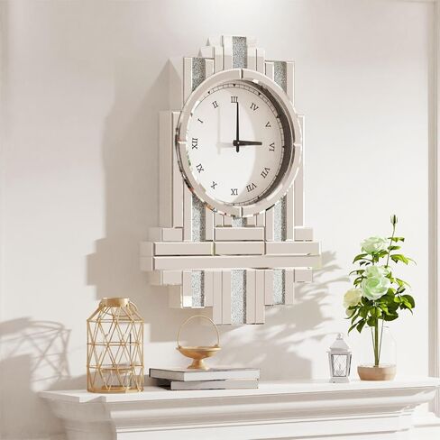 Decorative Mirrored Wall Clock: 25.6 x 17.7 inch Large Mirror Clock Wall-Mounted with Crush Diamond Silver Glass Edge Frame, Home Kitchen Modern Art Decor for Livingroom in Saudi Arabia