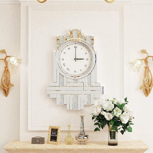 Decorative Mirrored Wall Clock: 25.6 x 17.7 inch Large Mirror Clock Wall-Mounted with Crush Diamond Silver Glass Edge Frame, Home Kitchen Modern Art Decor for Livingroom in Saudi Arabia