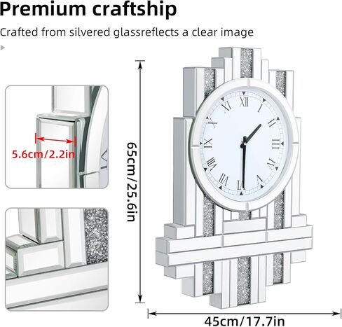 Decorative Mirrored Wall Clock: 25.6 x 17.7 inch Large Mirror Clock Wall-Mounted with Crush Diamond Silver Glass Edge Frame, Home Kitchen Modern Art Decor for Livingroom in Saudi Arabia