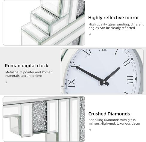 Decorative Mirrored Wall Clock: 25.6 x 17.7 inch Large Mirror Clock Wall-Mounted with Crush Diamond Silver Glass Edge Frame, Home Kitchen Modern Art Decor for Livingroom in Saudi Arabia