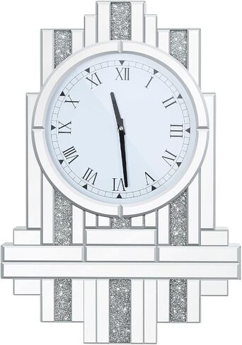 Decorative Mirrored Wall Clock: 25.6 x 17.7 inch Large Mirror Clock Wall-Mounted with Crush Diamond Silver Glass Edge Frame, Home Kitchen Modern Art Decor for Livingroom in Saudi Arabia