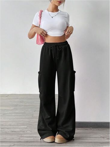 Women's High Waisted Drawstring Wide Leg Sweatpants Casual Y2K Baggy Workout Pants with Pockets in Saudi Arabia