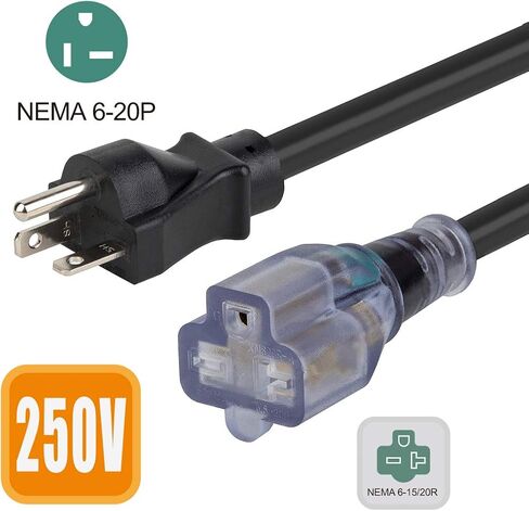 1FT Nema 6-20P to 6-20R Extension Cord, 20 Amp 250 Volt 12AWG Nema 6-20 Heavy Duty Extension Cable, Nema 6-20R T-Blade Cord with Red Indicator Light for Air Conditioner, Black in Saudi Arabia