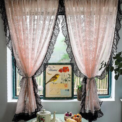 Princess Style Blush Pink Floral Lace Sheer Curtain Vintage Ruffled Black Lace Trim Short Curtain for Daughters Bedroom/Nursery Decor Retro Weave Knitted Kitchen Valance Rod Pocket 2 Panel 39Wx49L in Saudi Arabia