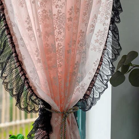 Princess Style Blush Pink Floral Lace Sheer Curtain Vintage Ruffled Black Lace Trim Short Curtain for Daughters Bedroom/Nursery Decor Retro Weave Knitted Kitchen Valance Rod Pocket 2 Panel 39Wx49L in Saudi Arabia