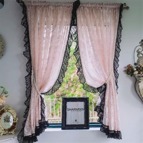 Princess Style Blush Pink Floral Lace Sheer Curtain Vintage Ruffled Black Lace Trim Short Curtain for Daughters Bedroom/Nursery Decor Retro Weave Knitted Kitchen Valance Rod Pocket 2 Panel 39Wx49L in Saudi Arabia