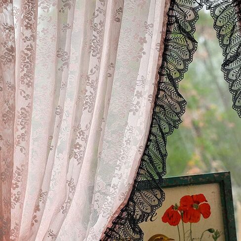 Princess Style Blush Pink Floral Lace Sheer Curtain Vintage Ruffled Black Lace Trim Short Curtain for Daughters Bedroom/Nursery Decor Retro Weave Knitted Kitchen Valance Rod Pocket 2 Panel 39Wx49L in Saudi Arabia