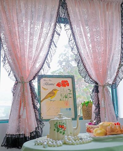 Princess Style Blush Pink Floral Lace Sheer Curtain Vintage Ruffled Black Lace Trim Short Curtain for Daughters Bedroom/Nursery Decor Retro Weave Knitted Kitchen Valance Rod Pocket 2 Panel 39Wx49L in Saudi Arabia