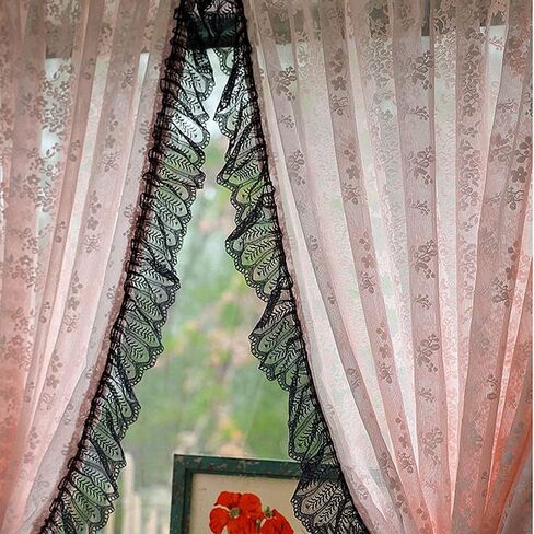 Princess Style Blush Pink Floral Lace Sheer Curtain Vintage Ruffled Black Lace Trim Short Curtain for Daughters Bedroom/Nursery Decor Retro Weave Knitted Kitchen Valance Rod Pocket 2 Panel 39Wx49L in Saudi Arabia