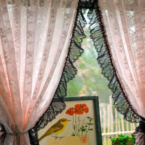 Princess Style Blush Pink Floral Lace Sheer Curtain Vintage Ruffled Black Lace Trim Short Curtain for Daughters Bedroom/Nursery Decor Retro Weave Knitted Kitchen Valance Rod Pocket 2 Panel 39Wx49L in Saudi Arabia