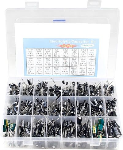 Fielect 630PCS 24Value Electrolytic Capacitor Assorment Kit Range 0.1uF-1000uF 10V 16V 25V 50V Aluminum Capacitors for Audio-Video Project Electronic Repair Part in Saudi Arabia