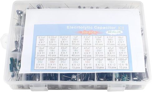 Fielect 630PCS 24Value Electrolytic Capacitor Assorment Kit Range 0.1uF-1000uF 10V 16V 25V 50V Aluminum Capacitors for Audio-Video Project Electronic Repair Part in Saudi Arabia