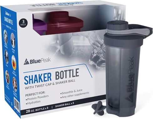 BluePeak Protein Shaker Bottle 28 oz with Twist Cap, Strong Loop Top, BPA Free, Dishwasher Safe, Shaker Balls Included - On-The-Go Large Protein Shakers (3 Pack - Green, Blue, Gray) in Saudi Arabia