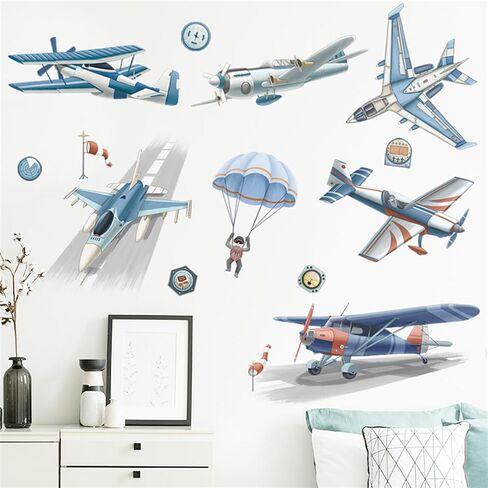 Airplane Hot Air Balloon Wall Decal Watercolors Aircraft Wall Sticker Art Wall Clings Vinyl Stickers for Nursery Kid's Room School Living Room Decoration Murals (Airplane Hot Air Balloon) in Saudi Arabia