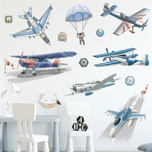 Airplane Hot Air Balloon Wall Decal Watercolors Aircraft Wall Sticker Art Wall Clings Vinyl Stickers for Nursery Kid's Room School Living Room Decoration Murals (Airplane Hot Air Balloon) in Saudi Arabia
