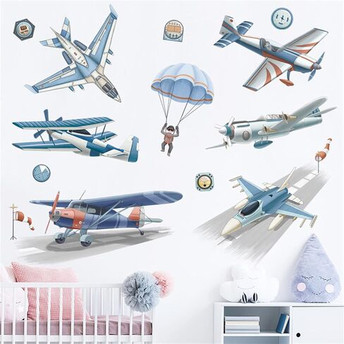 Airplane Hot Air Balloon Wall Decal Watercolors Aircraft Wall Sticker Art Wall Clings Vinyl Stickers for Nursery Kid's Room School Living Room Decoration Murals (Airplane Hot Air Balloon) in Saudi Arabia