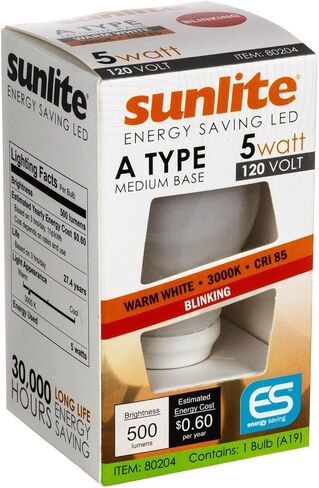 لمبة إضاءة وامضة Sunlite 80204 LED A19، 5 واط (ما يعادل 40 واط)، 500 لومن، قاعدة E26 متوسطة، ميزة وميض وامض، لمسة نهائية ثلجية، 3000 كلفن أبيض دافئ in Saudi Arabia