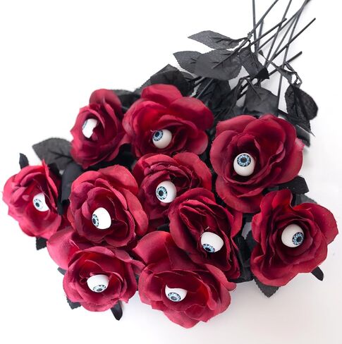10 Pack Wine Red Artificial Silk Roses Flowers with Eyeballs Fake Silk Rose Bouquets for Wedding Party Home Decorations Halloween Decoration in Saudi Arabia