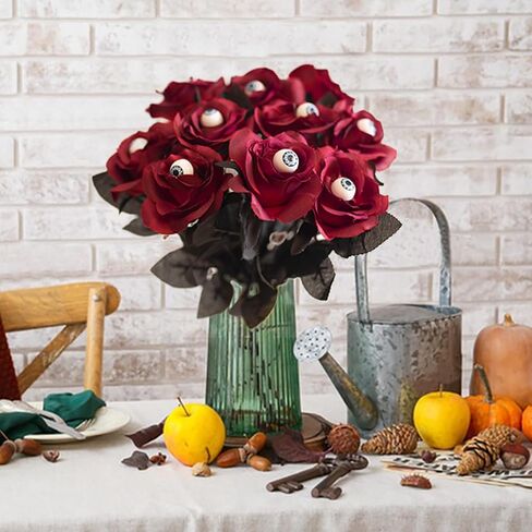 10 Pack Wine Red Artificial Silk Roses Flowers with Eyeballs Fake Silk Rose Bouquets for Wedding Party Home Decorations Halloween Decoration in Saudi Arabia