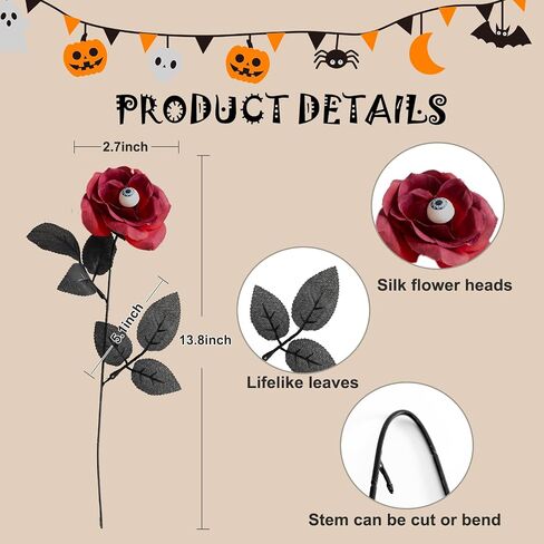 10 Pack Wine Red Artificial Silk Roses Flowers with Eyeballs Fake Silk Rose Bouquets for Wedding Party Home Decorations Halloween Decoration in Saudi Arabia