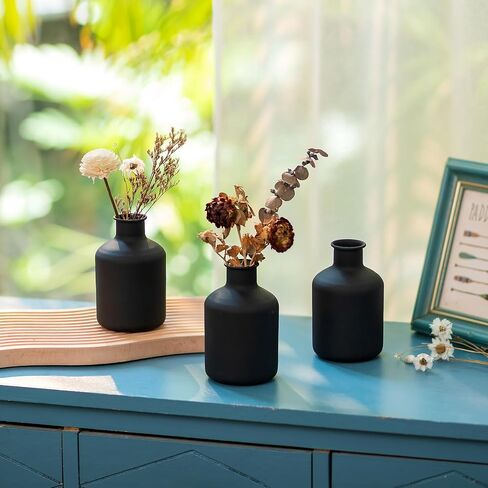 Sziqiqi Decorative Flower Vases Black - Modern Farmhouse Round Vase Metal Mini Rustic Vase for Pampas Grass Dried Flowers Room Décor Bookshelf Mantel Set of 3 in Saudi Arabia
