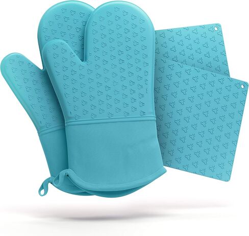 Cosy House Collection 4-Piece Oven Mitt & Pot Holder Set - 500°F Heat Resistant Trivet Cooking Gloves - Flexible, Durable & Comfortable Long-Lasting Silicone - Cooking, Baking & Grilling (Black) in Saudi Arabia