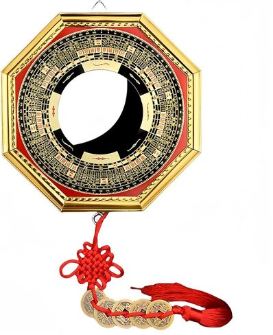 Gold Bagua Convex Mirror Containing and Five Emperor Money Pendants, Handicrafts, Traditional Chinese Feng Shui for House door, Home Decoration, Compass, good luck in Saudi Arabia