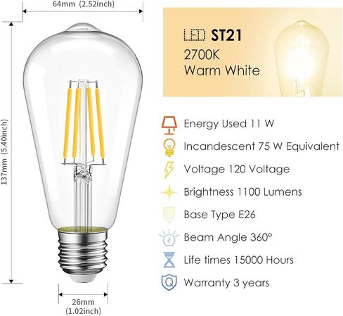 LVWIT 6 Pack Vintage LED Edison Bulbs 75W Equivalent 11W 1100LM Dimmable ST64 Filament 2700K Warm White E26 Medium Base Light Bulbs High Brightness Clear Glass in Saudi Arabia