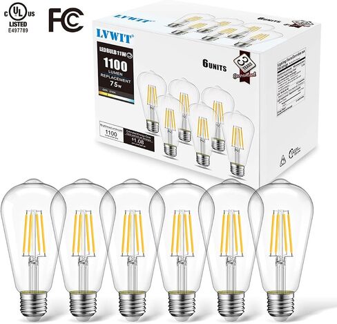 LVWIT 6 Pack Vintage LED Edison Bulbs 75W Equivalent 11W 1100LM Dimmable ST64 Filament 2700K Warm White E26 Medium Base Light Bulbs High Brightness Clear Glass in Saudi Arabia