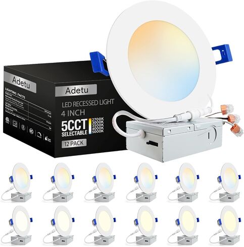 Adetu 12 Pack 4 Inch 5CCT Ultra-Thin LED Recessed Ceiling Light with Junction Box,Dimmable Canless Wafer Downlight,2700K-5000K Selectable,9W Eqv 80W,810LM High Brightness,ETL Certified in Saudi Arabia