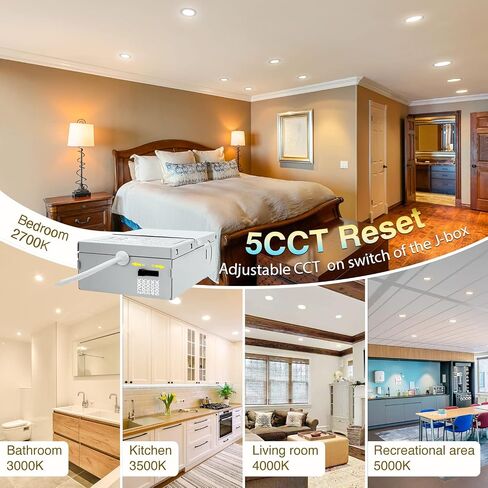 Adetu 12 Pack 4 Inch 5CCT Ultra-Thin LED Recessed Ceiling Light with Junction Box,Dimmable Canless Wafer Downlight,2700K-5000K Selectable,9W Eqv 80W,810LM High Brightness,ETL Certified in Saudi Arabia