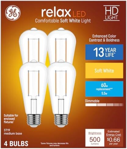 GE Relax ST19 Vintage 60 Watt يعادل قاعدة متوسطة بيضاء ناعمة (E-26) مصابيح إضاءة زخرفية قابلة للتعتيم (4 عبوات) in Saudi Arabia