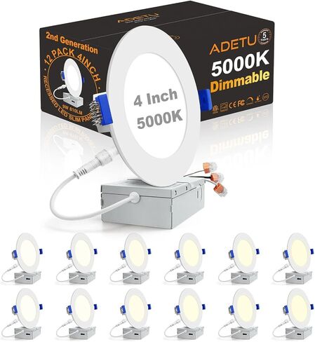 Adetu 12 Pack 4 Inch 5CCT Ultra-Thin LED Recessed Ceiling Light with Junction Box,Dimmable Canless Wafer Downlight,2700K-5000K Selectable,9W Eqv 80W,810LM High Brightness,ETL Certified in Saudi Arabia