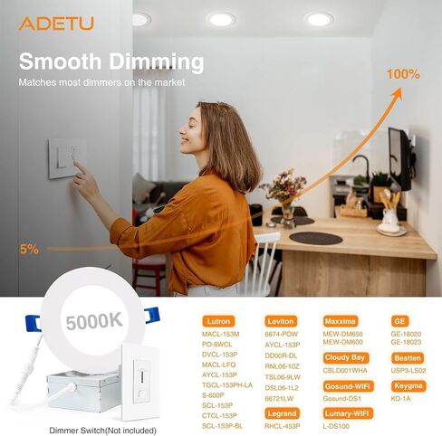 Adetu 12 Pack 4 Inch 5CCT Ultra-Thin LED Recessed Ceiling Light with Junction Box,Dimmable Canless Wafer Downlight,2700K-5000K Selectable,9W Eqv 80W,810LM High Brightness,ETL Certified in Saudi Arabia