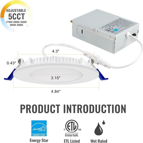Adetu 12 Pack 4 Inch 5CCT Ultra-Thin LED Recessed Ceiling Light with Junction Box,Dimmable Canless Wafer Downlight,2700K-5000K Selectable,9W Eqv 80W,810LM High Brightness,ETL Certified in Saudi Arabia
