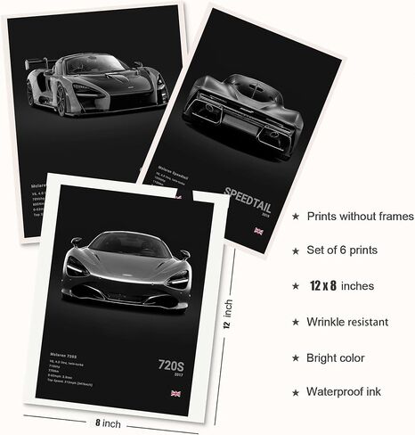 ملصق XUPUE Mclaren للجدران وملصقات السيارات وملصقات الحائط الفنية Mclaren Senna Speedtail 720S P1 765LT ملصقات لغرفة نوم الأولاد مجموعة ملصقات فنية مطبوعة للسيارة الفائقة من 6 قطع، غير مؤطرة 8 × 12 بوصة (20 × 30 سم) in Kuwait